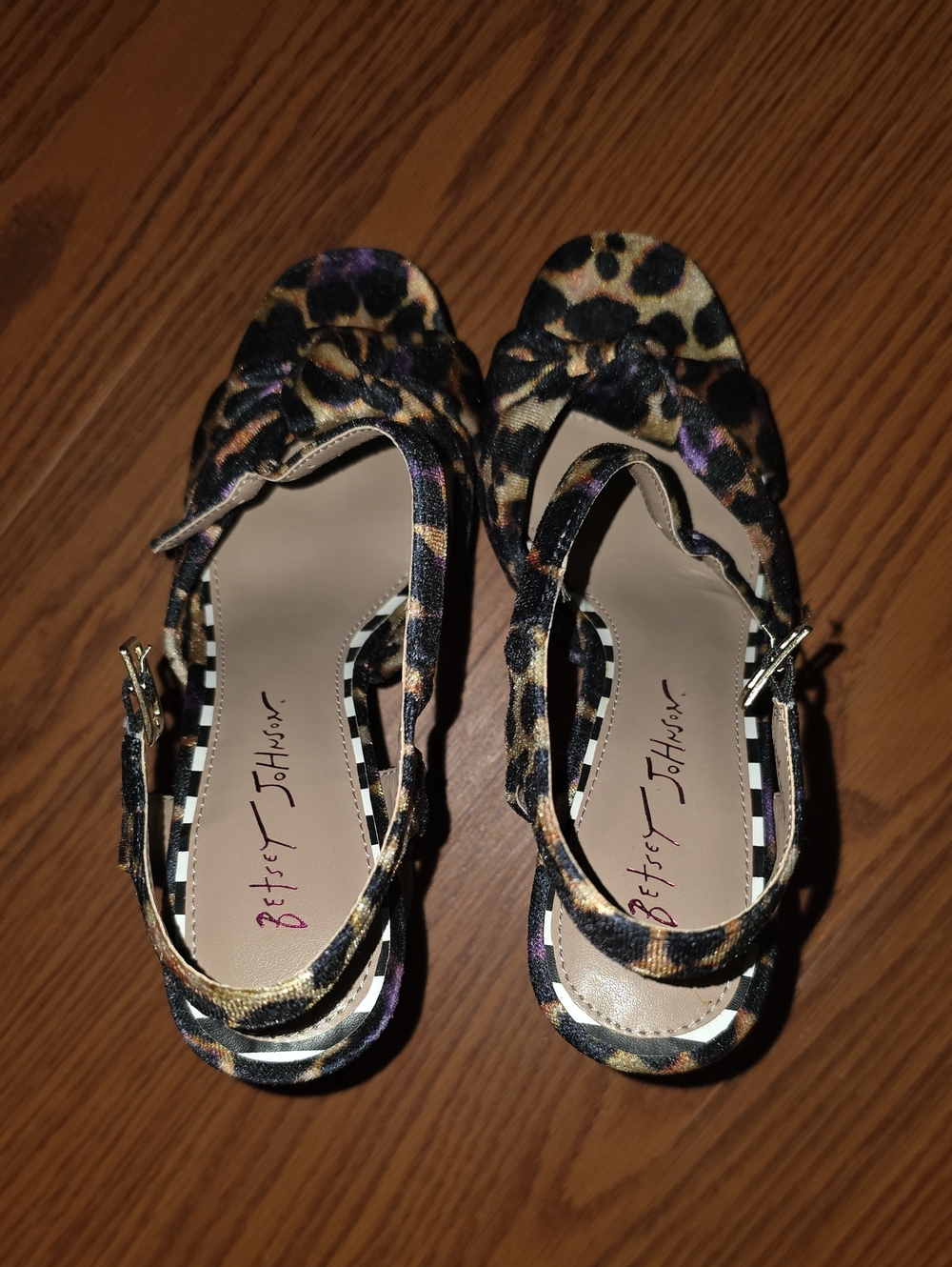 Betsey Johnson Women's Leopard Print Sandals in Black, Brown & Purple